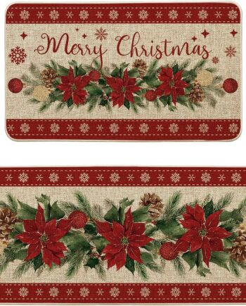 Artoid Mode Juego de 2 tapetes de cocina con diseño de flor de pascua, diseño de Feliz Navidad, para invierno, de bajo perfil, decoración del hogar, para piso, 17 x 29 y 17 x 47 pulgadas