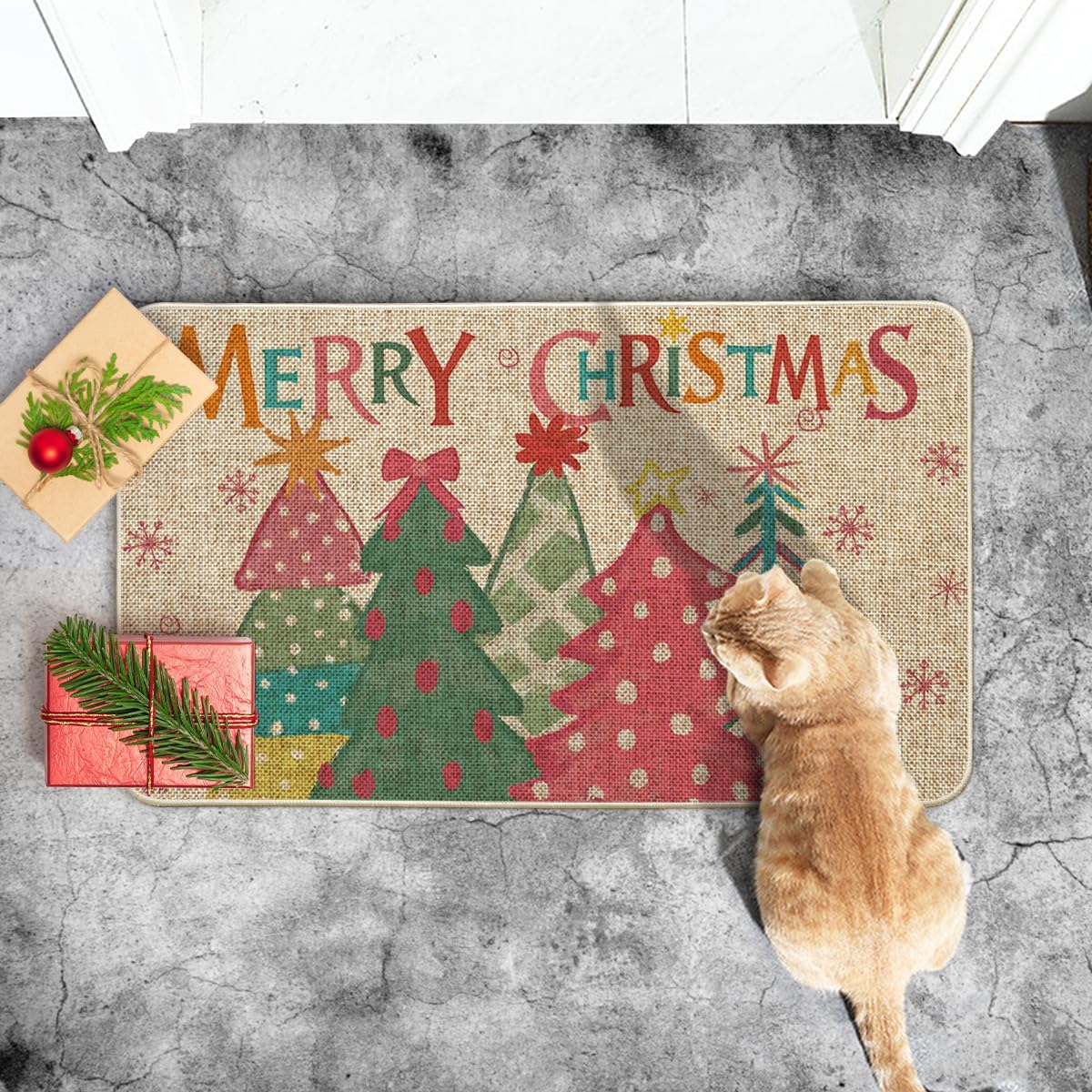 Artoid Mode Felpudo de árbol de Navidad rosa con texto en inglés "Merry Christmas", decoración del hogar, tapete de bajo perfil para interiores y exteriores, 17 x 29 pulgadas