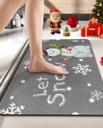 Tapete de baño navideño para baño, muñeco de nieve gris, de secado rápido y súper absorbente, tapete de baño con parte trasera de goma antideslizante de copos de nieve, 17 x 30 pulgadas, para