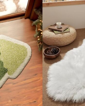 Ashler - Alfombra de piel sintética de 2 x 3 pies y árbol de Navidad, alfombra de baño, decoración de árbol, absorbente de agua, bonita alfombra de baño, blanco/verde