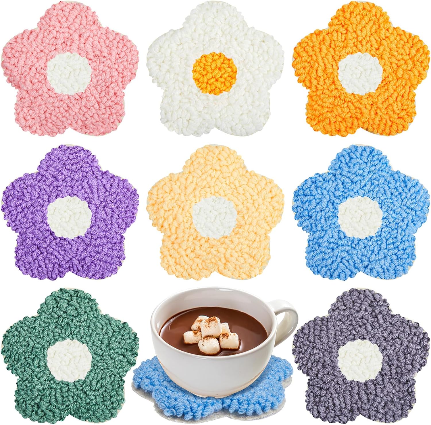 Preboun Kit de 8 posavasos con aguja perforadora de flores, kit de bordado de aguja para adultos principiantes, suministros de bricolaje, posavasos copetudos, incluyendo hilos y herramientas de aro