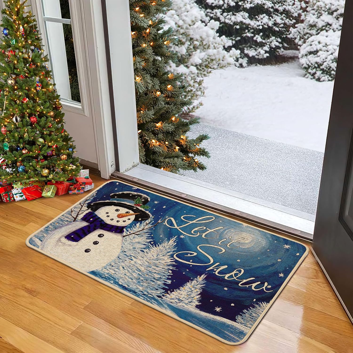 Baccessor Tapete de invierno con diseño de muñeco de nieve Let It Snow, tapete de bienvenida con copos de nieve, cielo estrellado, decorativo para interiores y exteriores, tapete de entrada con parte