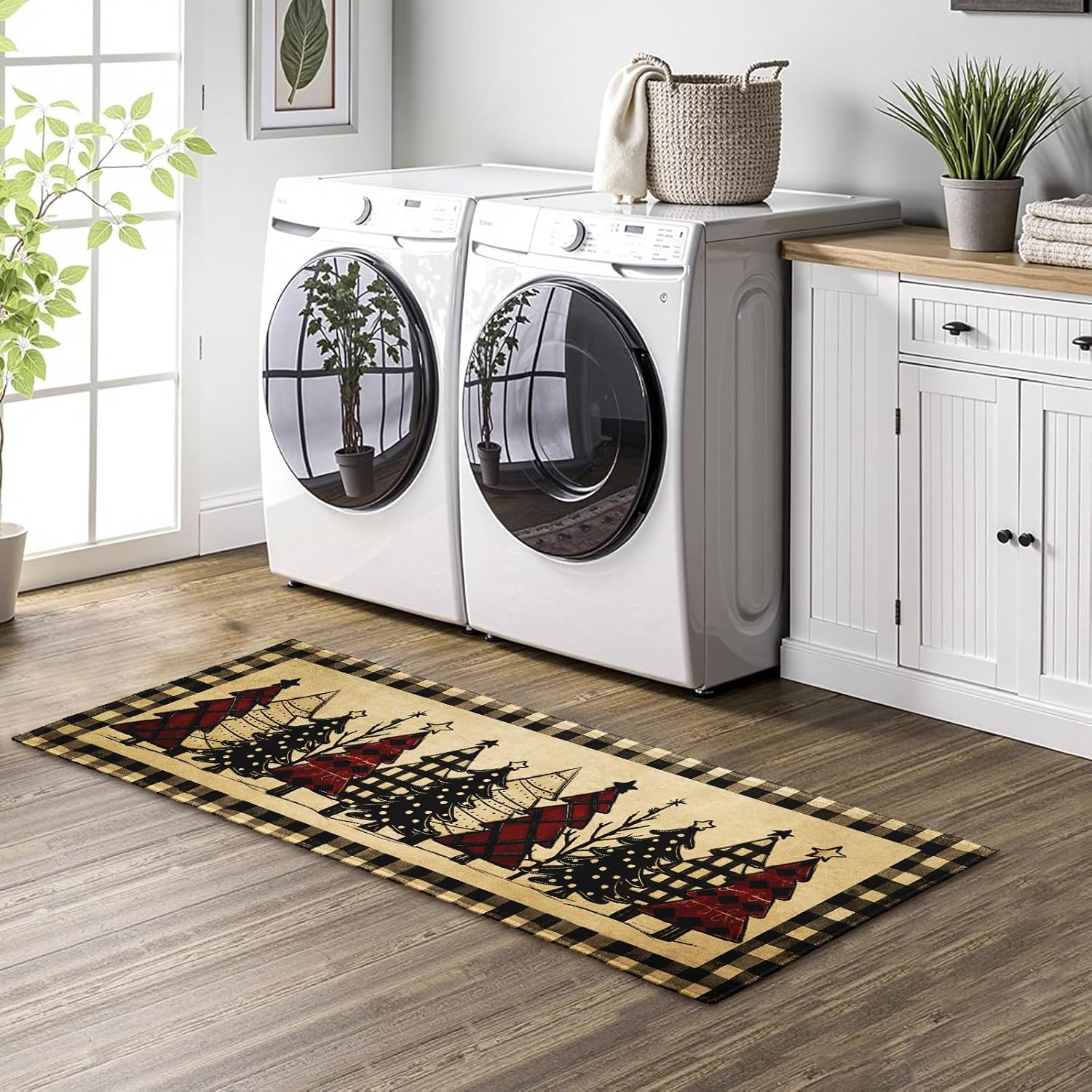 Robvobe Merry Christmas Kitchen Mats Set of 2 Xmas Tree Black Red Buffalo Plaid Print Winter Kitchen Rugs Runner Holiday Absorbent Non Slip Comfort Mat for Kitchen Floor Decor, 17"x30"+17"x47"