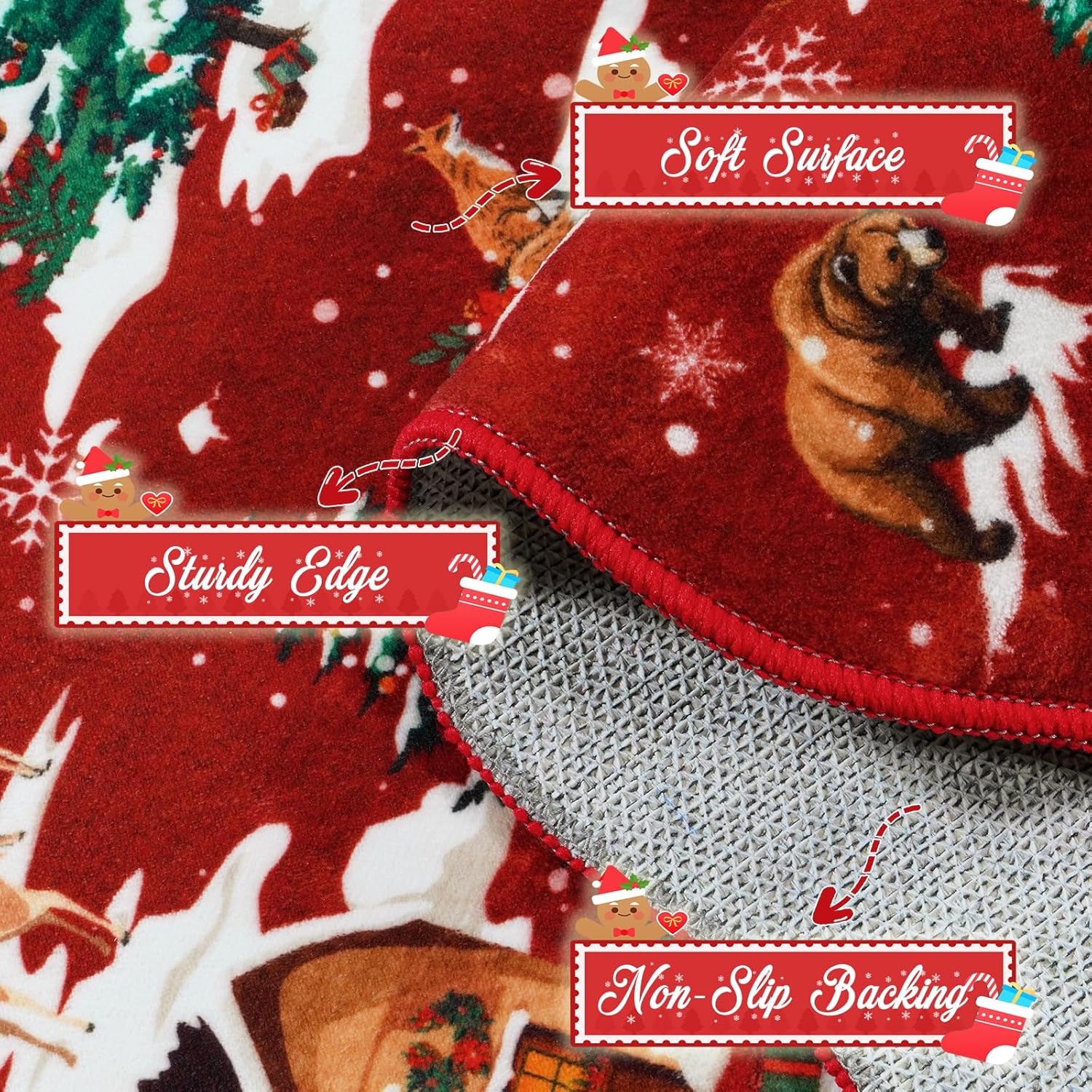 LIVEBOX Alfombra de Navidad lavable de 5 x 7 pies, alfombra roja para sala de estar, alfombras de árbol de Navidad para dormitorio, alfombra festoneada antideslizante bohemia para comedor, alfombra de