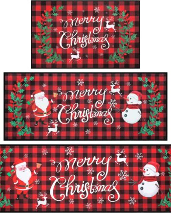 Juego de 3 alfombras de cocina de Navidad, diseño de muñeco de nieve de invierno con cuadrícula roja y negra, tapete de Papá Noel es adecuado para fiestas de vacaciones y decoración de Navidad del