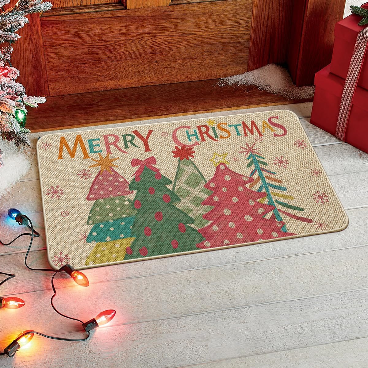 Artoid Mode Felpudo de árbol de Navidad rosa con texto en inglés "Merry Christmas", decoración del hogar, tapete de bajo perfil para interiores y exteriores, 17 x 29 pulgadas