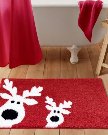 Tapete de baño navideño con diseño de reno, lavable a máquina, antideslizante, 20 pulgadas de ancho x 32 pulgadas de largo, color rojo vibrante, decoración de alfombras de baño navideñas de microfibra