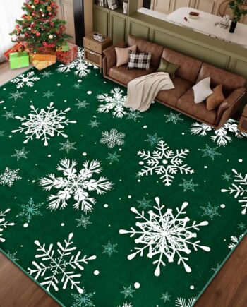 FRAMICS Alfombra de Navidad de 8 x 10 pies, alfombra de Navidad con copos de nieve verde para sala de estar, alfombras lavables para dormitorio, antideslizantes, suaves de pelo bajo, alfombra para