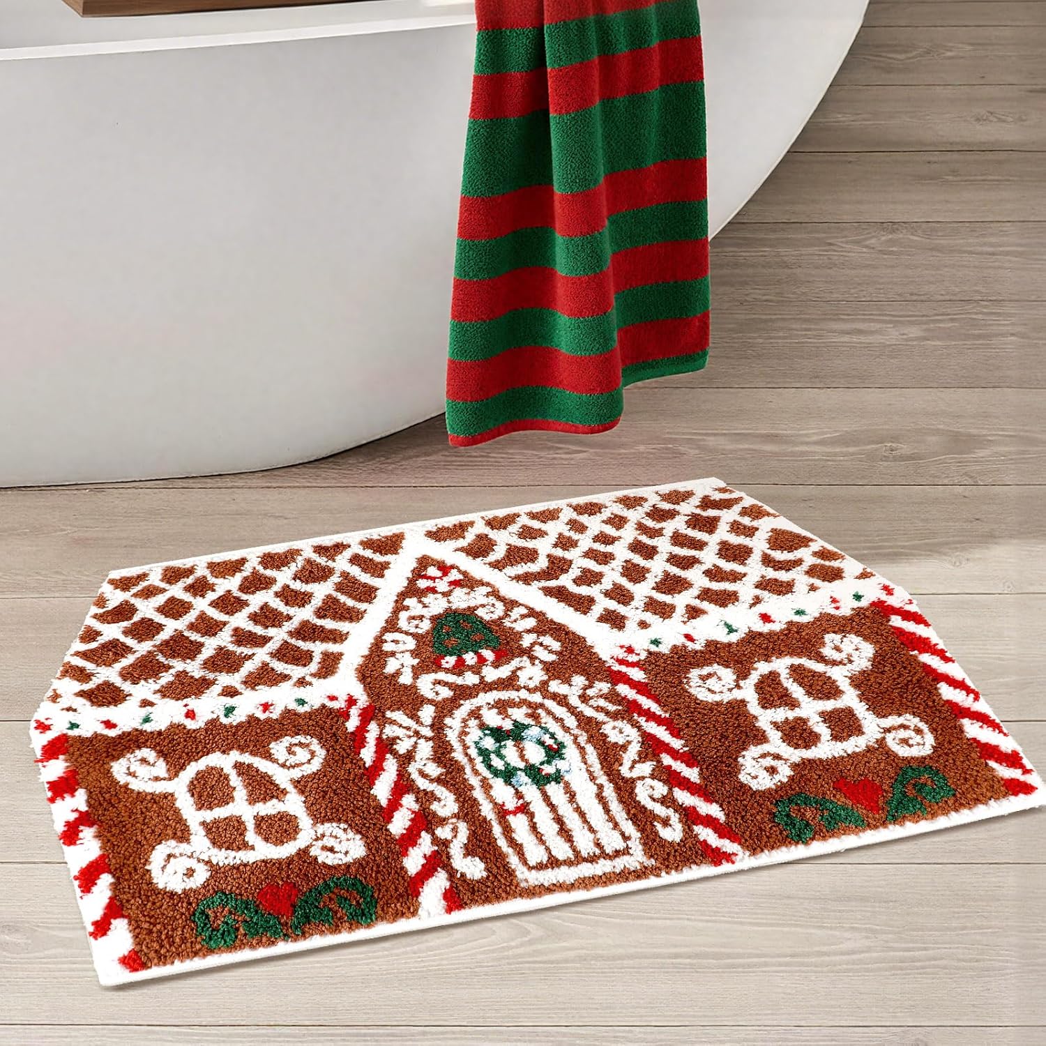 Breling Tapete de Navidad con diseño de pan de jengibre, tapete de baño antideslizante para Navidad, suave, absorbente, para puerta delantera, sala de estar, 28.35 x 16.54 pulgadas