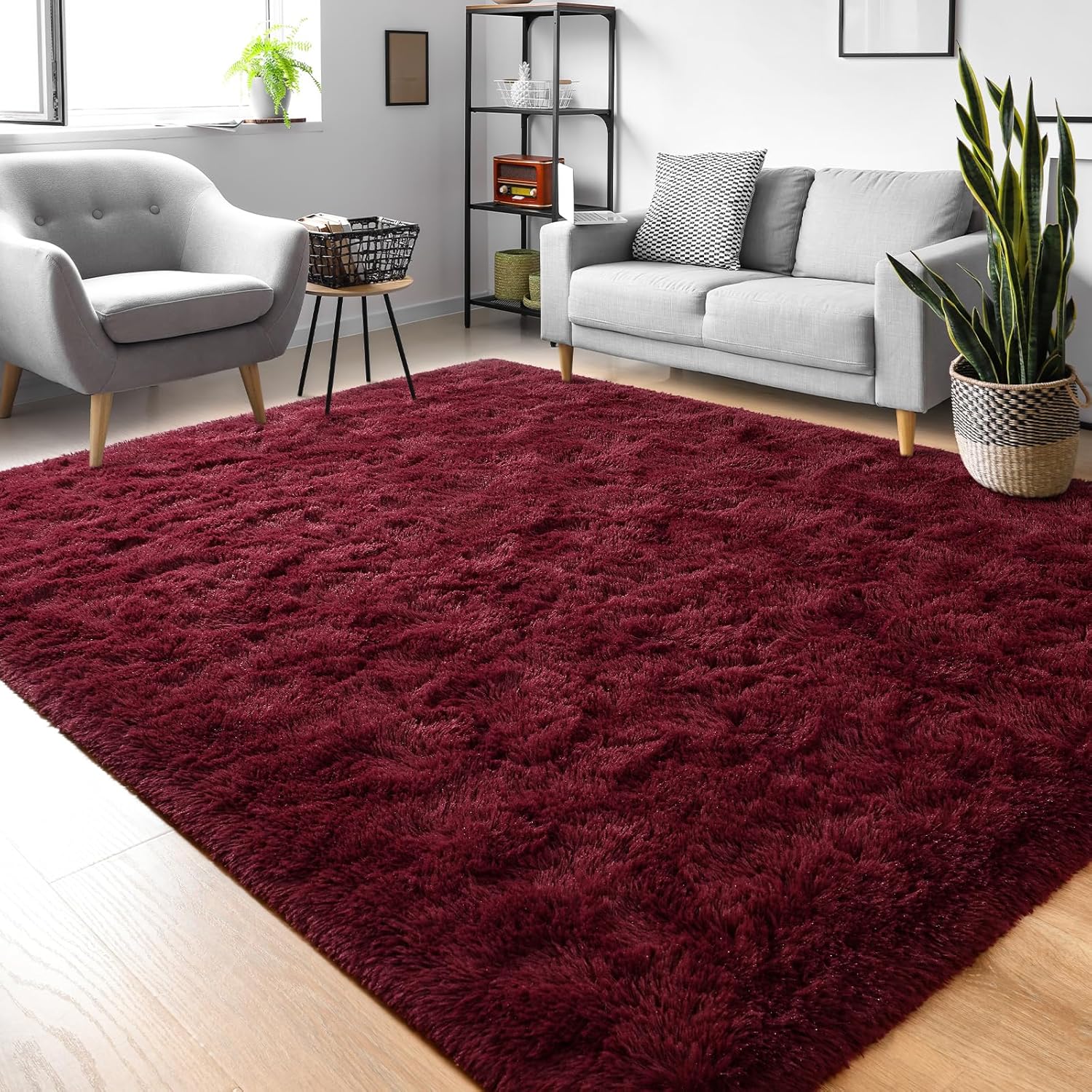 Alfombras peludas de color rojo burdeos para dormitorio, 4 x 6 pies, alfombra de área de color rojo oscuro para sala de estar, alfombra de suelo suave y lanuda para dormitorio de niños y niñas,