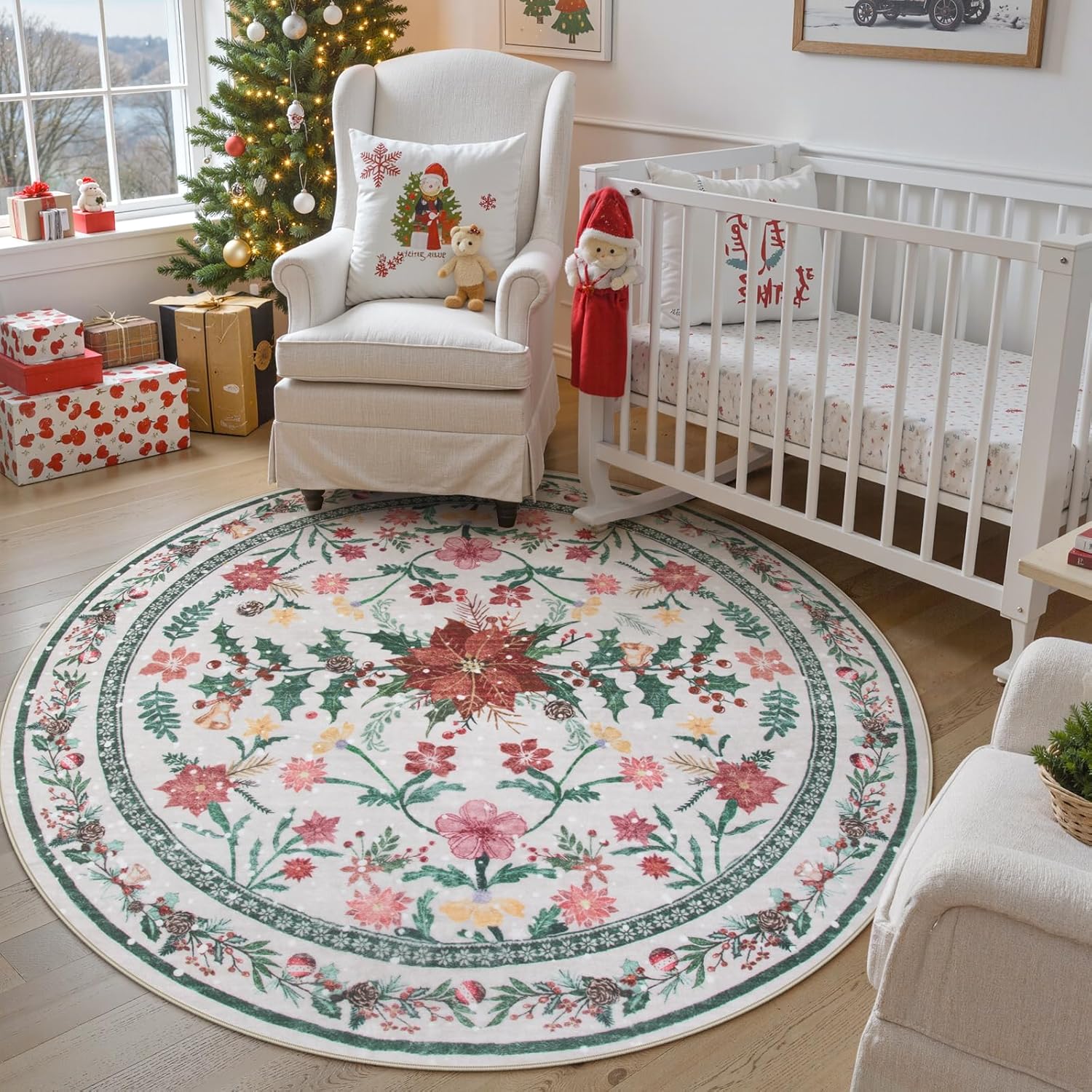 Wonnitar Tapete redondo y lavable de 5 pies, para Navidad, para dormitorio y habitación niños, con estampado de flores de Pascua, bohemio, para comedor, sala o debajo del árbol de Navidad, decorativo