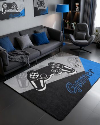 jejeloiu Alfombra de juego de 4 x 5 para sala de estar, dormitorio, sala de juegos, decoración de gamepad azul y negro