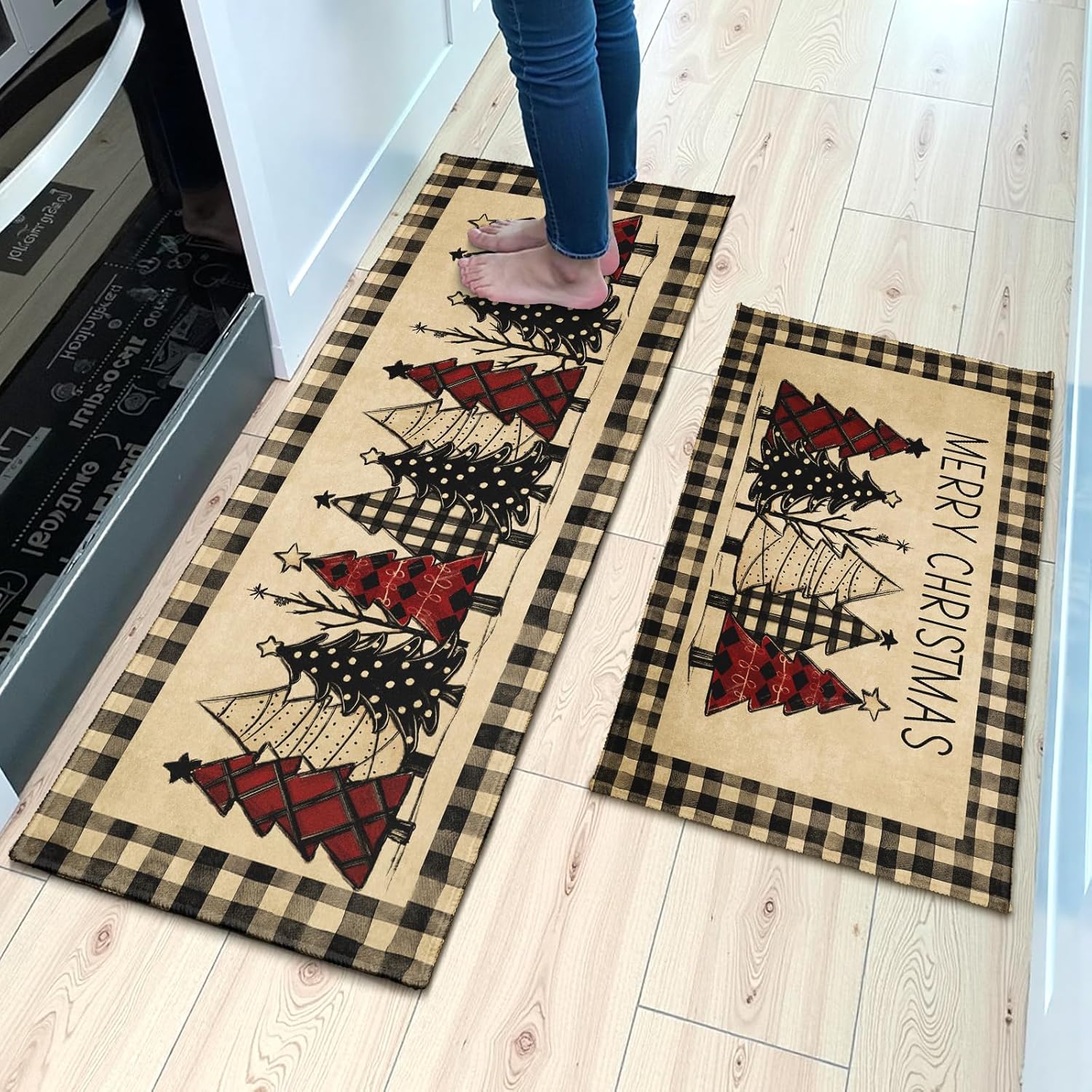 Robvobe Merry Christmas Kitchen Mats Set of 2 Xmas Tree Black Red Buffalo Plaid Print Winter Kitchen Rugs Runner Holiday Absorbent Non Slip Comfort Mat for Kitchen Floor Decor, 17"x30"+17"x47"