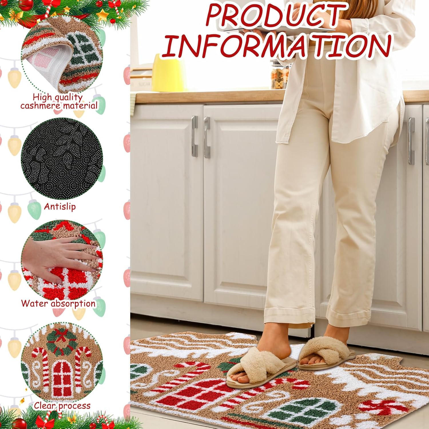 Tapete de baño de casa de jengibre, tapete de Navidad, antideslizante, bonito diseño de pan de jengibre, decoración de baño de microfibra de felpa, decoración navideña para el hogar