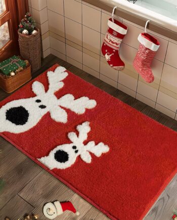 Alfombra de baño de Navidad, diseño de reno, decoración de baño, color rojo, bonita, antideslizante, suave, absorbente y lavable