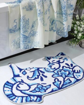 Tinideya Delft - Alfombra de baño con forma de gato de 23 x 32 pulgadas, alfombras para decoración del hogar, tapetes suaves y antideslizantes para dormitorio, porche, cocina (azul)