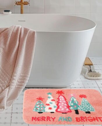 Whaline Alfombra de baño rosa de Navidad con diseño de árbol de Navidad, antideslizante, alfombra de ducha para puerta delantera, alfombra para el hogar, cocina, dormitorio, porche, entrada