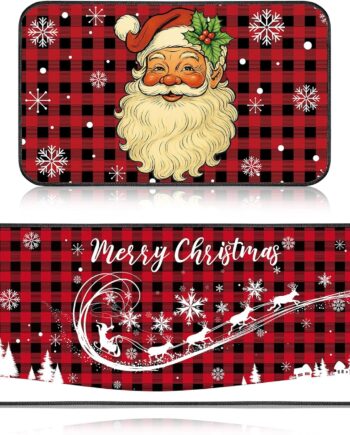 Juego de 2 tapetes de cocina de Navidad con texto en inglés «Merry Christmas» de búfalo rojo y negro, decoración de cocina de Navidad, alfombras y tapetes antideslizantes de Papá Noel, tapete