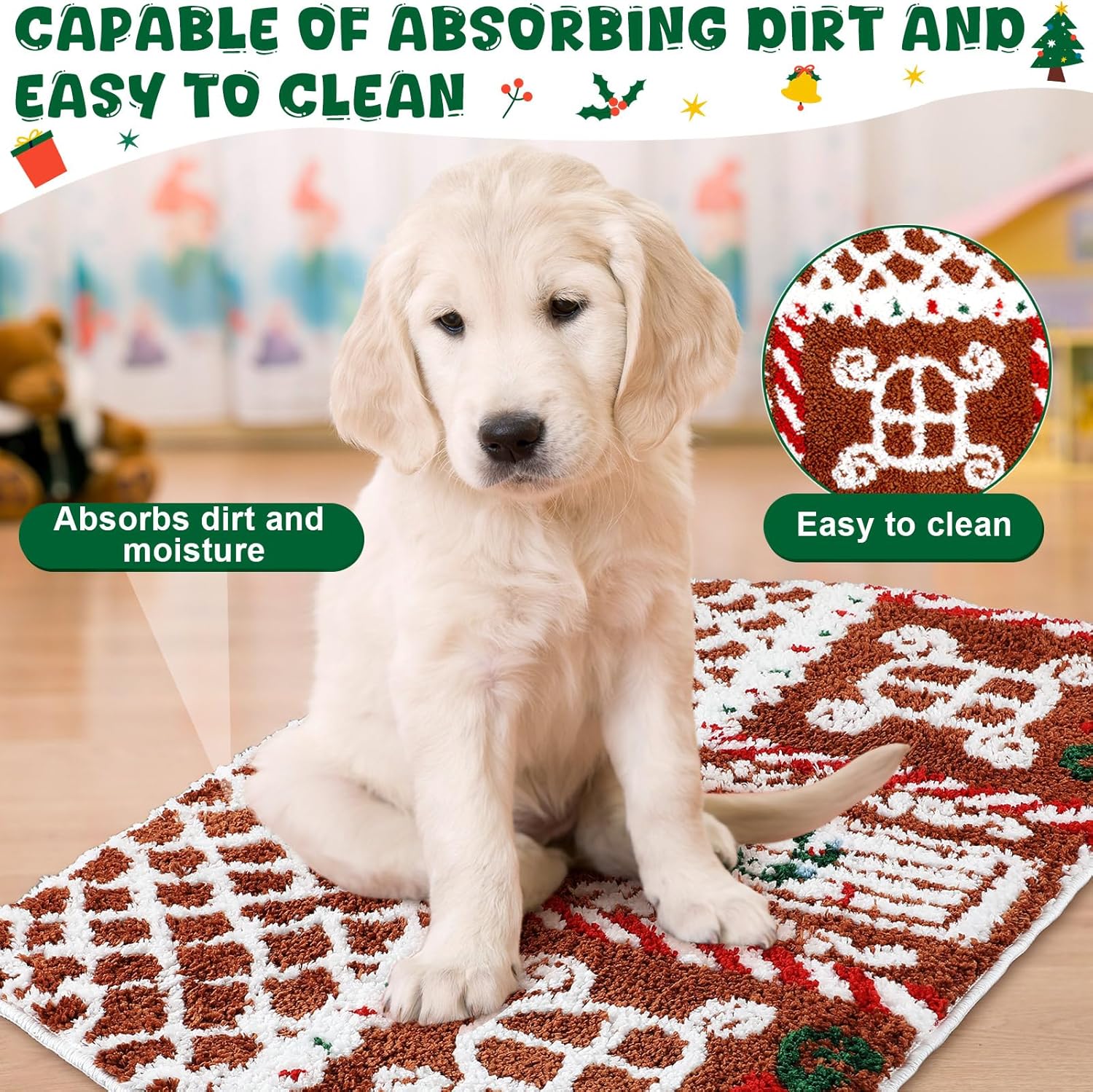 Breling Tapete de Navidad con diseño de pan de jengibre, tapete de baño antideslizante para Navidad, suave, absorbente, para puerta delantera, sala de estar, 28.35 x 16.54 pulgadas