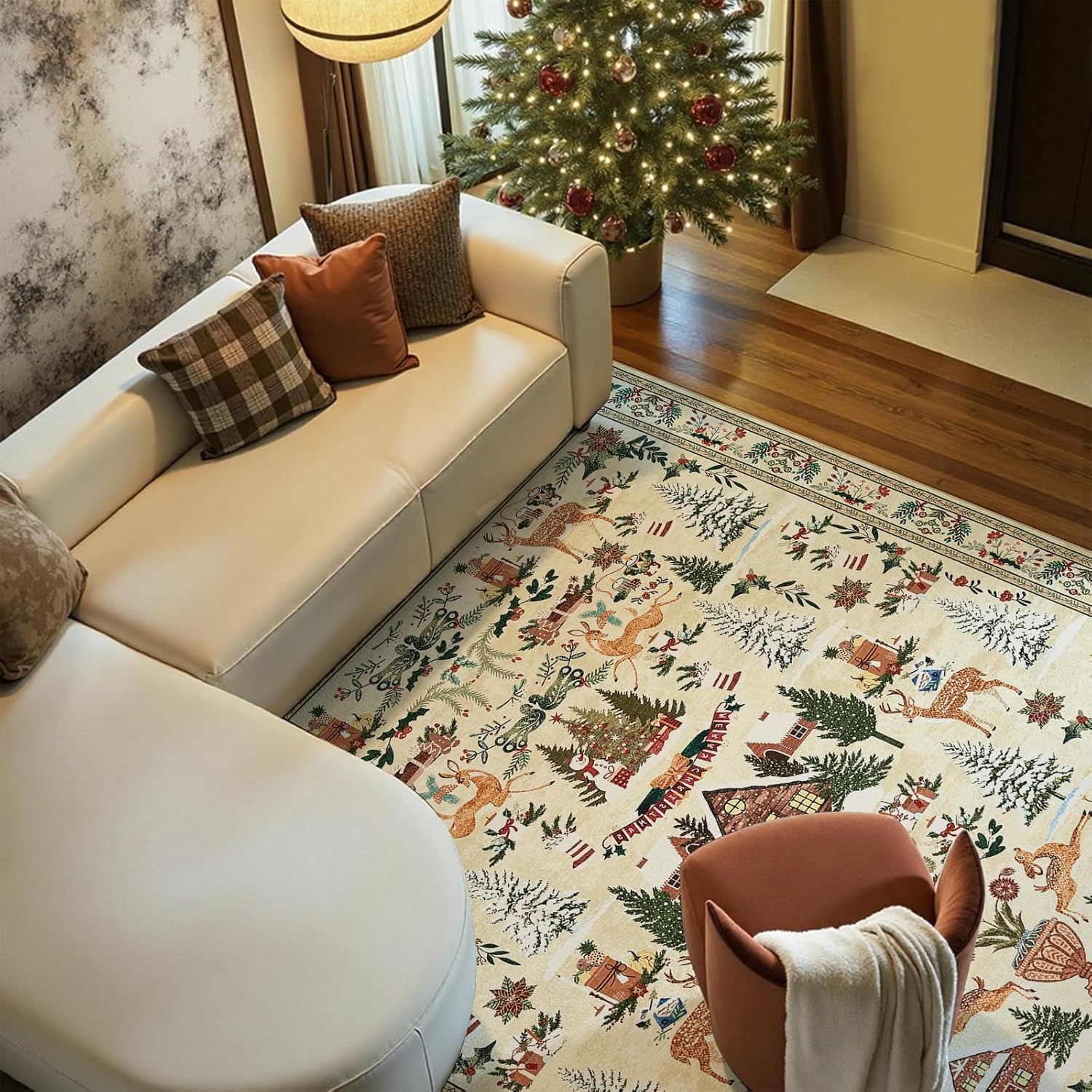 jinchan Alfombra de Navidad de 8 x 10 pies para sala de estar, dormitorio, alfombra decorativa para comedor, árbol de Navidad y cabaña, impresa, gran decoración de Navidad, para interiores, lavable