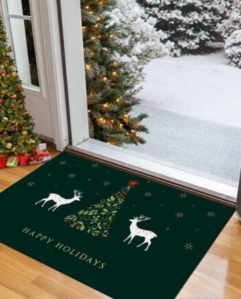 Front Door Mat Outdoor & Indoor Entrance, Green Christmas Tree and Elk Wire Loop Non-Slip Funny Doormat for Entryway, Bathroom, Kitchen, 40x60cm/15.75x23.62in