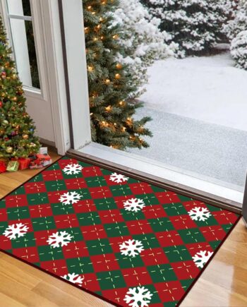 Alfombra de Navidad con encanto, árbol de Navidad, diseño de copos de nieve con cuadrícula roja y verde, antideslizante, lavable a máquina para salas de estar, pasillos y dormitorios, 5 x 8