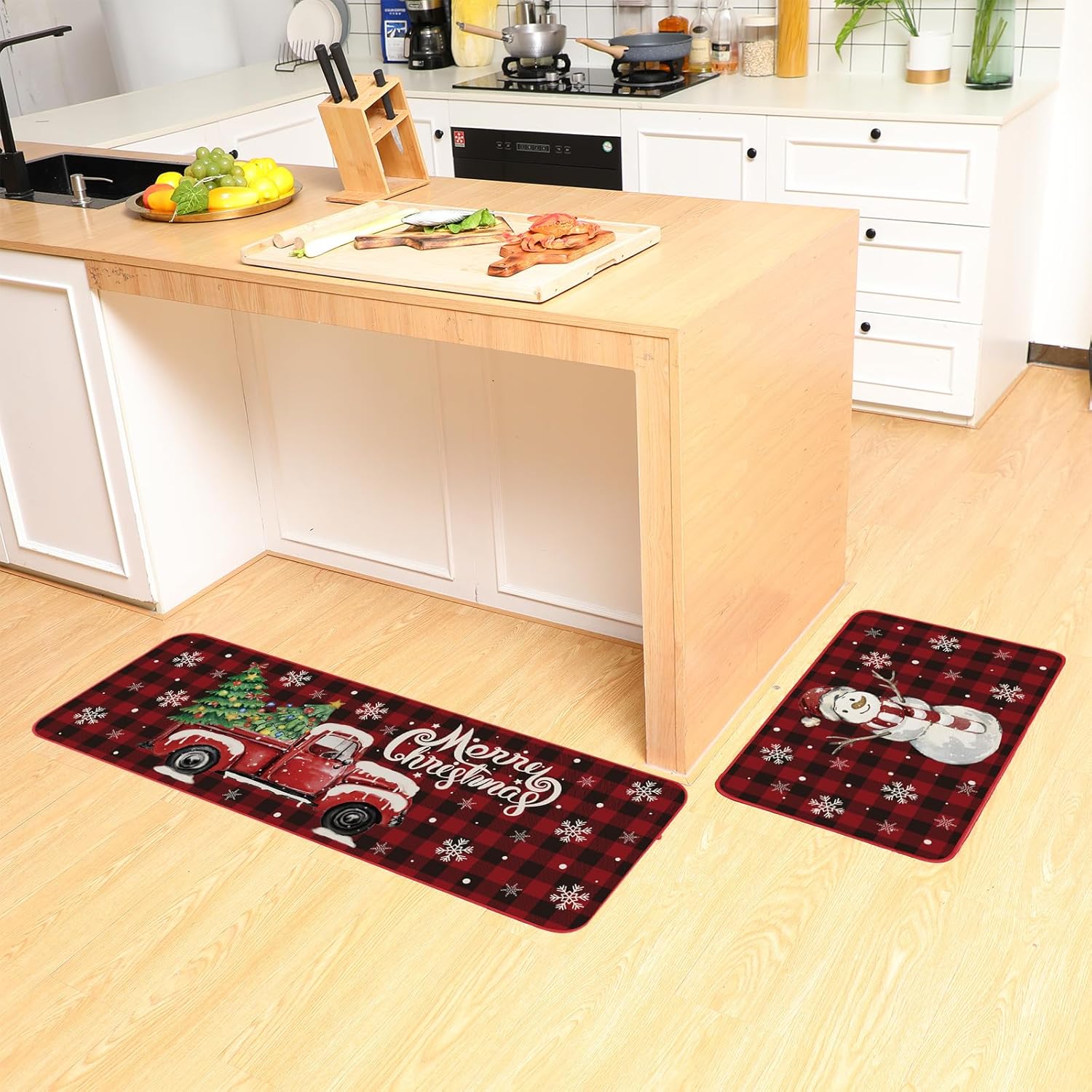 Shellwei Juego de 2 alfombras de cocina de Navidad a cuadros de búfalo, muñeco de nieve, copo de nieve, rojo, alfombra de cocina, tapete de cocina de Navidad antideslizante para el hogar, Navidad,