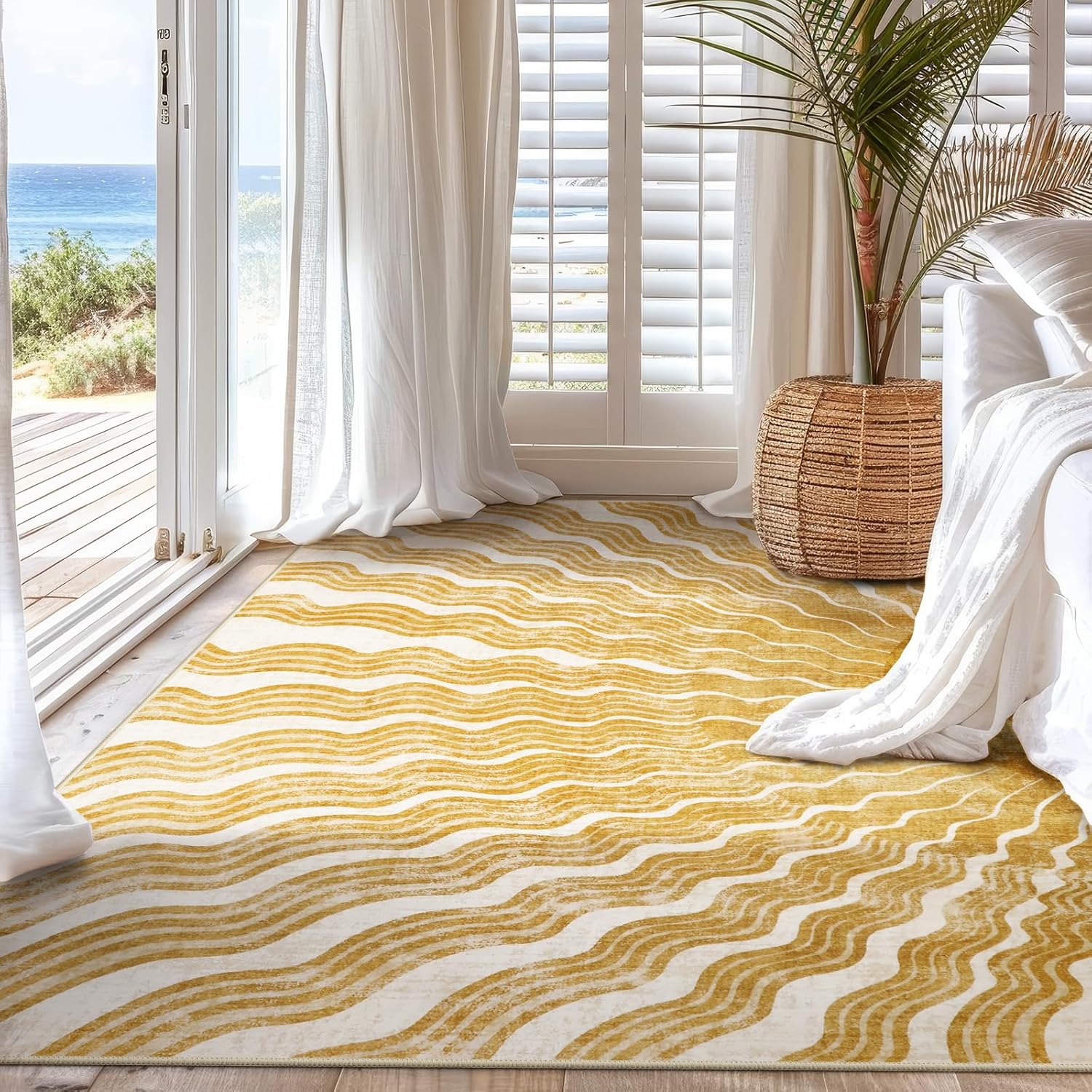 Alfombra bohemia lavable de 5 x 7 pies, suave con estampado solar, para dormitorio, aula, ultrafina, antideslizante, resistente a las manchas, para niños, sala de estar, oficina (5 x 7 pies