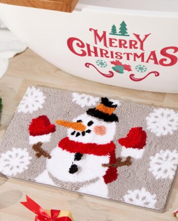 ORTIGIA Alfombra de baño de Navidad, muñeco de nieve, gris, rojo, bonita alfombra de baño de felpa, lavable, antideslizante, absorbente de agua, alfombra de ducha para Navidad, baño, dormitorio,