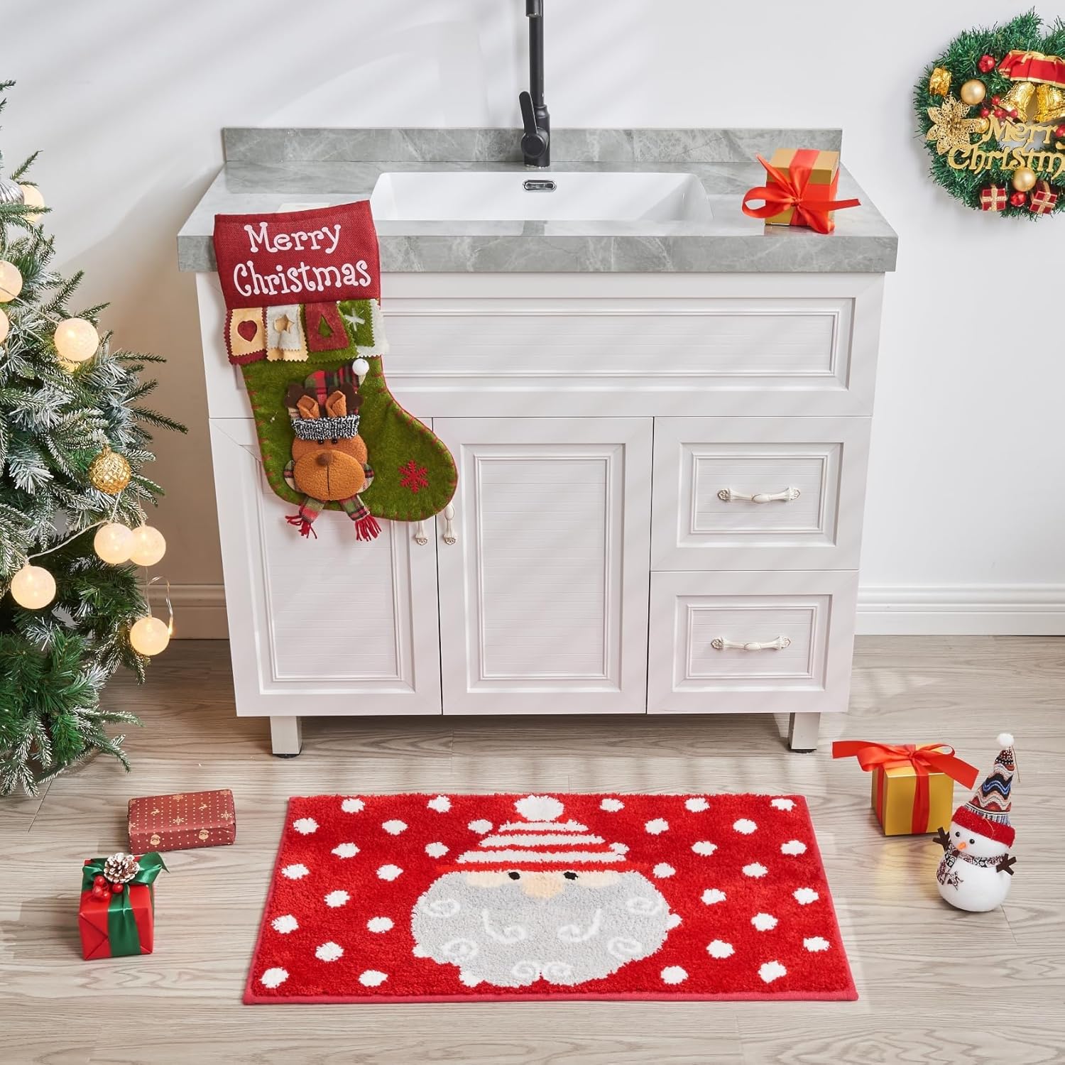 Douceur Tapetes de baño de Navidad con diseño de Papá Noel, bonitos tapetes de baño rojos, antideslizantes, suaves y absorbentes, lavables, 24 x 16 pulgadas