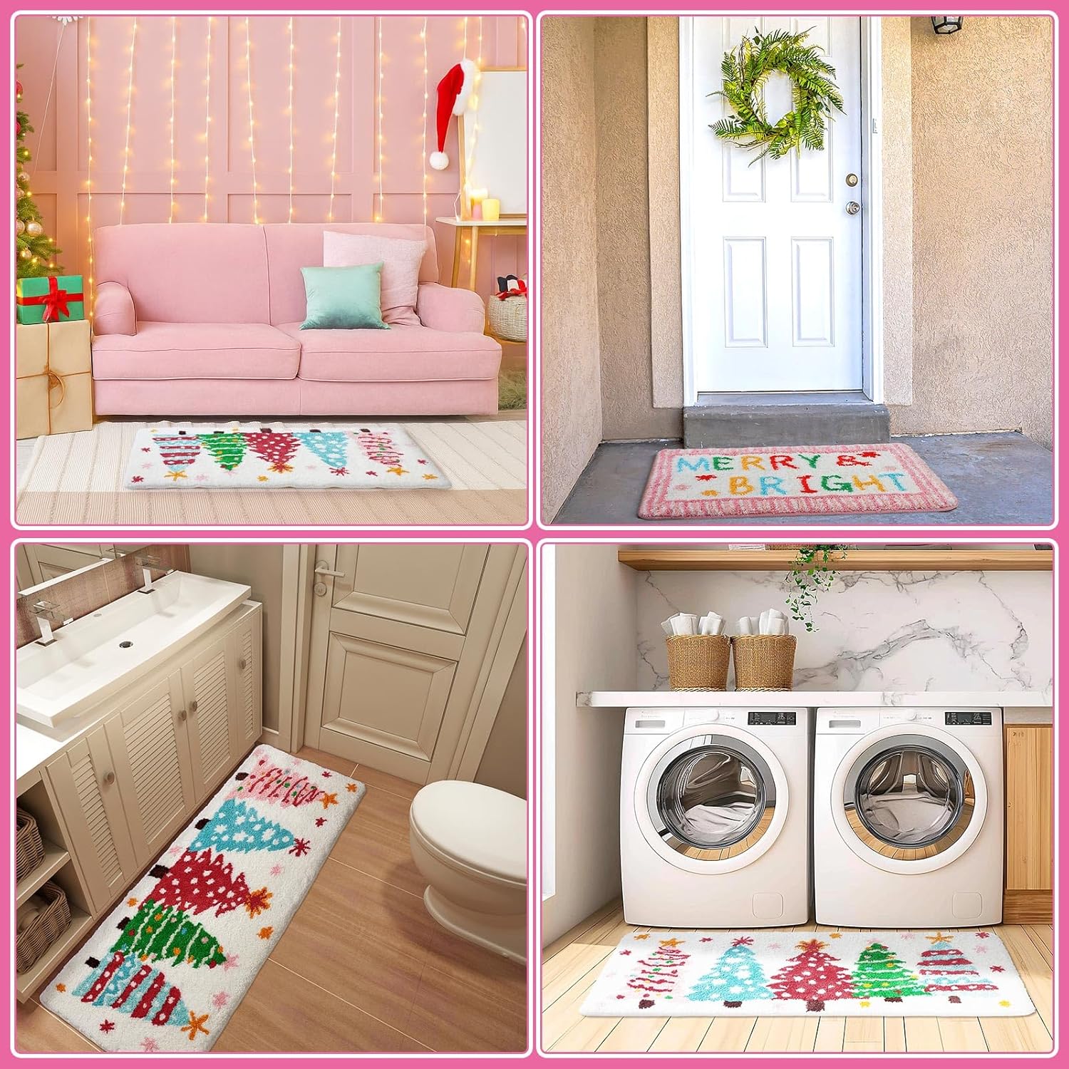 Juego de 2 alfombras de baño de Navidad de felpa suave rosa para árbol de Navidad, parte trasera antideslizante, lavable, absorbente para baño, alfombra decorativa de Navidad, invierno