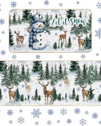 Let It Snow - Juego de 2 alfombras de cocina de Navidad, ciervo, árbol, copo de nieve, muñeco de nieve, tapete de cocina de Navidad, alfombras de invierno antideslizantes de bajo perfil para
