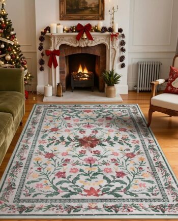 Lahome Alfombra de Navidad de 5 x 7 pies para sala de estar, alfombras suaves y bohemias para decoración de dormitorio, estética, alfombra lavable con bayas de acebo para comedor, chimenea