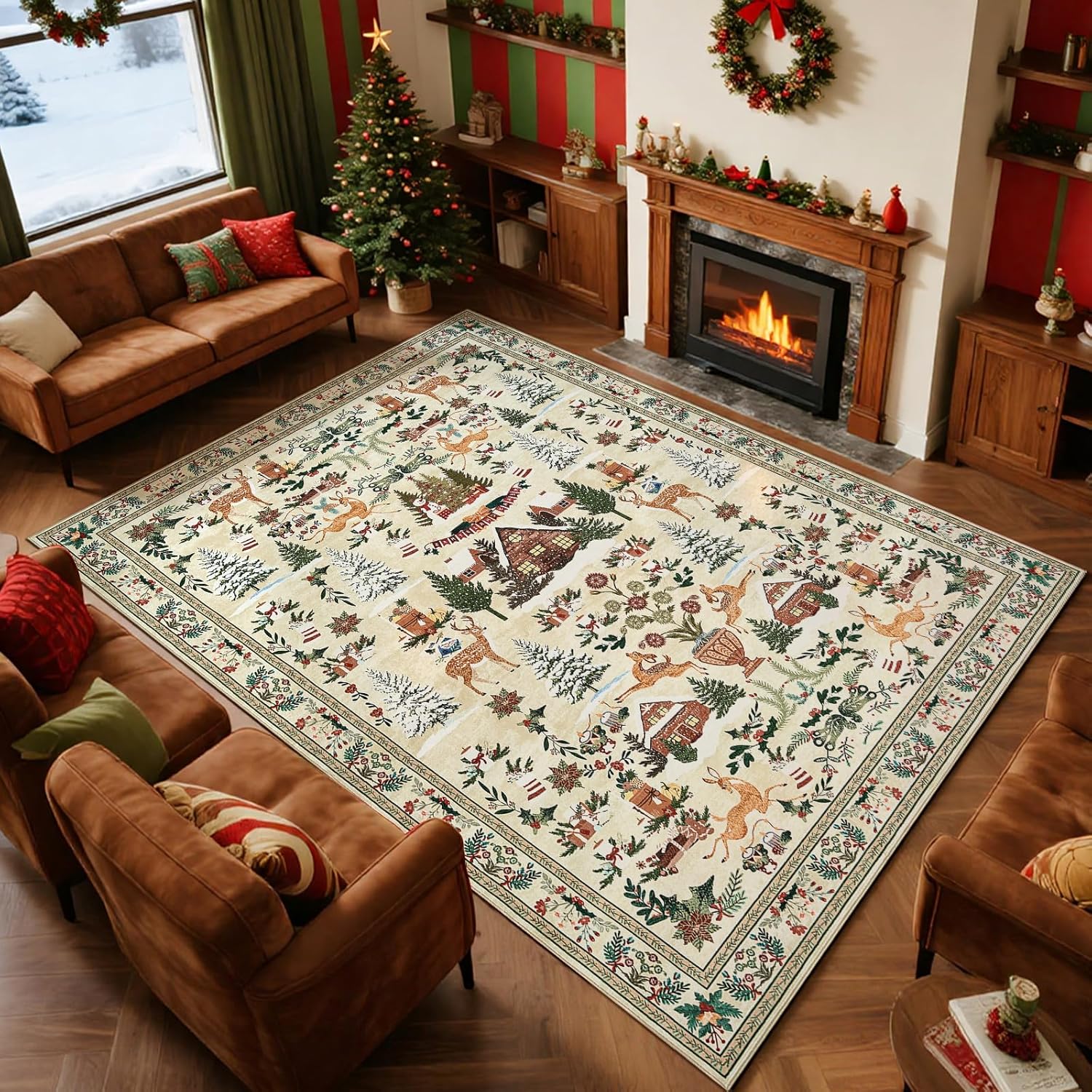jinchan Alfombra de Navidad de 8 x 10 pies para sala de estar, dormitorio, alfombra decorativa para comedor, árbol de Navidad y cabaña, impresa, gran decoración de Navidad, para interiores, lavable