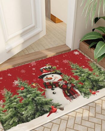 Alfombra de Navidad de muñeco de nieve rojo, 2 x 3 pulgadas, diseño de pájaro de pino de invierno, tapete decorativo para interiores y exteriores, tapete pequeño antideslizante para puerta