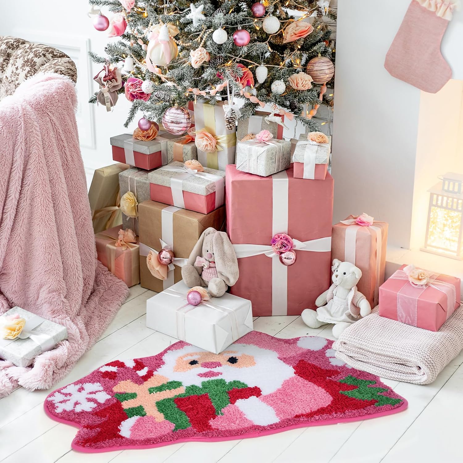 Percozzi Tapete de baño de Navidad rosa con Papá Noel, antideslizante, para baño, cocina, suave, absorbente, rosa, decoración de Navidad, Santaclaus, bonita alfombra de baño de regalo de Navidad, 29.1