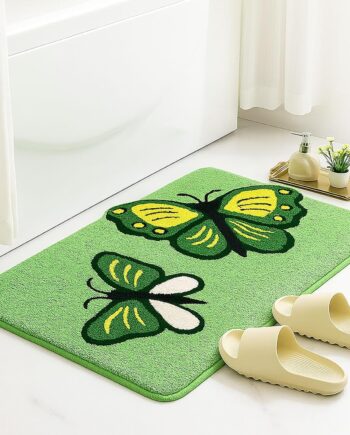 Green Bathroom Rug with Butterfly Rug, Non-Slip Cute Animal Bath Mat Soft Plush Funny Aesthetic Carpet for Bedroom Decor