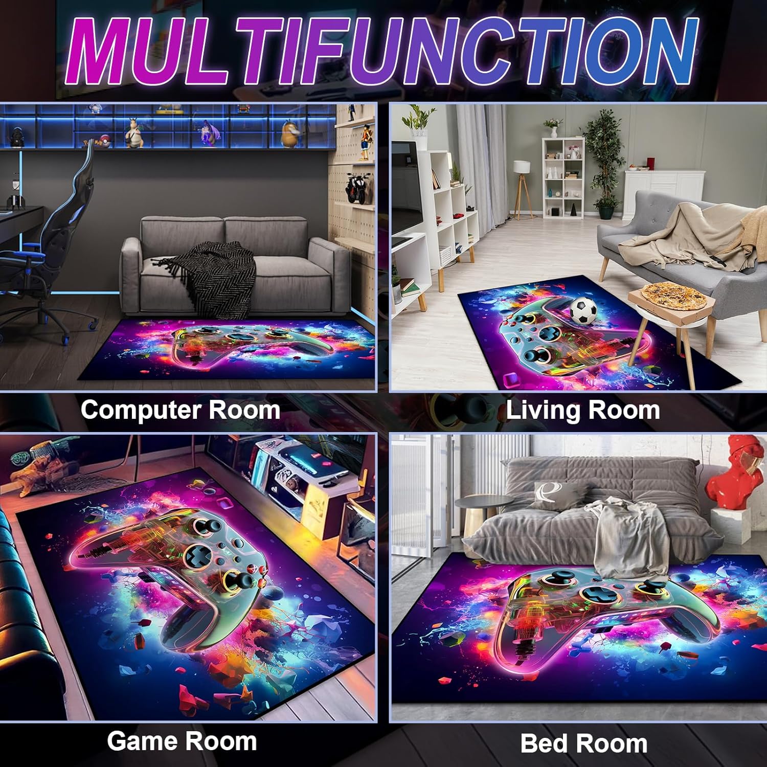 Alfombra de área de juegos para adolescentes, tapete transparente 3D de gamepad y fondo de bomba colorida, diseño de controlador para sala de juegos, sala de juegos, dormitorio de niños y niñas, sala