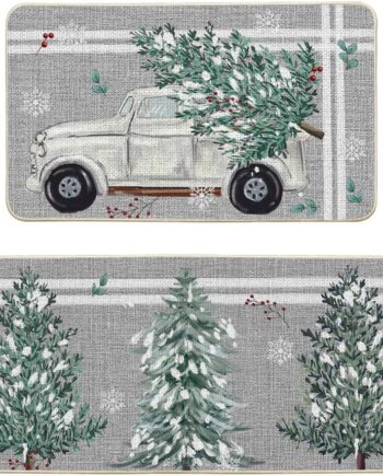 Artoid Mode Truck Pine Holly Stripes - Juego de 2 tapetes decorativos de cocina de bajo perfil, decoración del hogar, fiestas, 17 x 29 y 17 x 47 pulgadas
