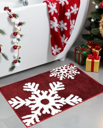 Alfombra de baño de Navidad con copos de nieve rojos, lavable, bonita alfombra pequeña para puerta delantera, antideslizante, tapete ovalado absorbente de Navidad, para bañera, cocina, dormitorio
