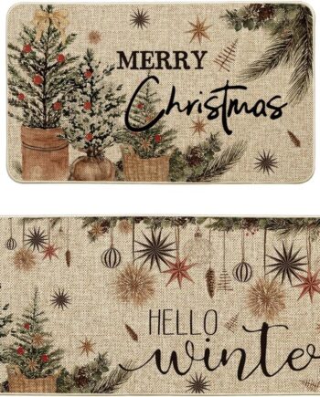 Artoid Mode Holly Ornament - Juego de 2 tapetes de cocina con texto en inglés "Merry Christmas", decoración de invierno para el hogar, alfombras de cocina de bajo perfil para piso, 17 x 29 y 17 x 47