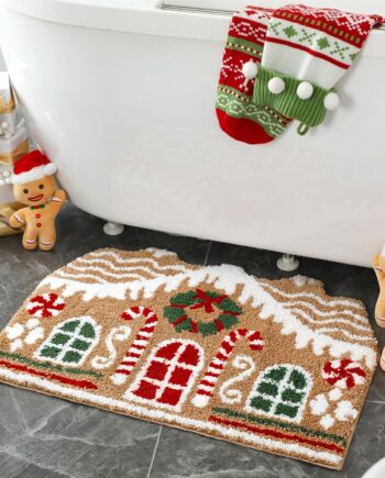 Tapete de baño de casa de jengibre, tapete de Navidad, antideslizante, bonito diseño de pan de jengibre, decoración de baño de microfibra de felpa, decoración navideña para el hogar