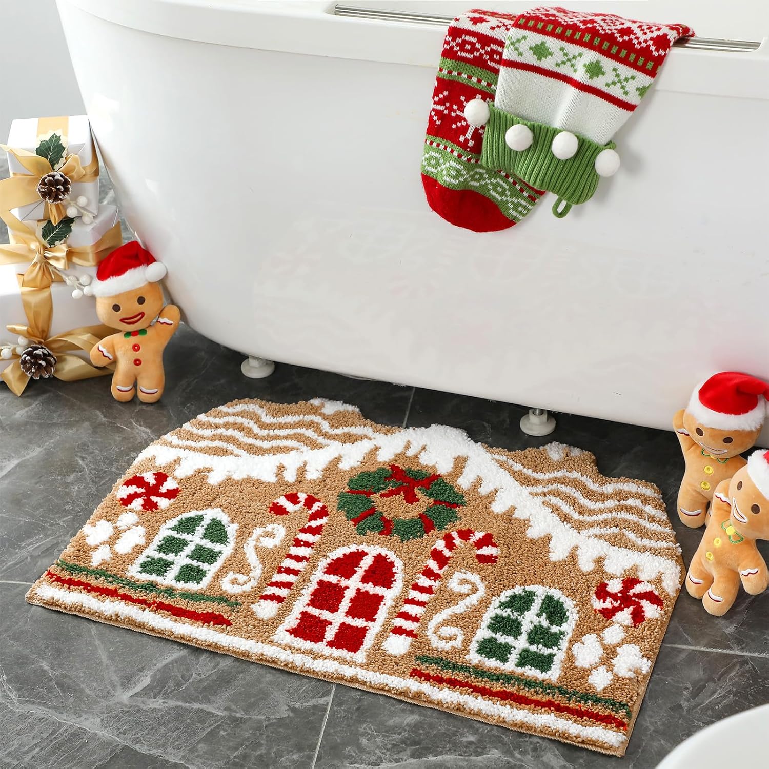Tapete de baño de casa de jengibre, tapete de Navidad, antideslizante, bonito diseño de pan de jengibre, decoración de baño de microfibra de felpa, decoración navideña para el hogar