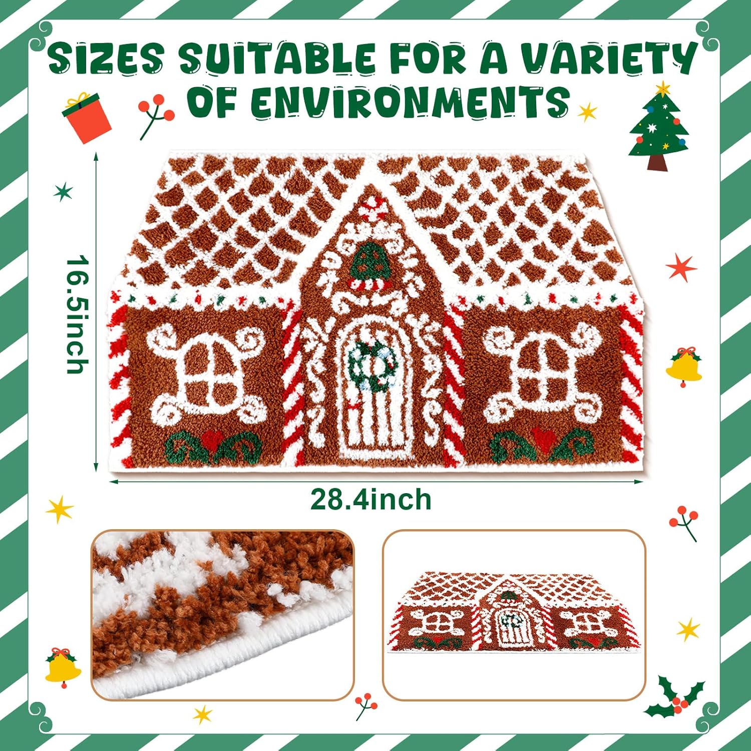 Breling Tapete de Navidad con diseño de pan de jengibre, tapete de baño antideslizante para Navidad, suave, absorbente, para puerta delantera, sala de estar, 28.35 x 16.54 pulgadas