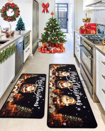 Juego de 2 alfombras de cocina con texto en inglés «Merry Christmas», bonito Papá Noel y regalo de Navidad, tapete antideslizante lavable para el suelo, 17 x 30 + 17 x 47 pulgadas