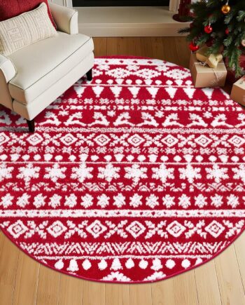 HiiARug Alfombra redonda lavable de Navidad de 4 pies – Alfombra geométrica de árbol de Navidad de copo de nieve rojo, decoración de vacaciones, antideslizante, suave, alfombra de Navidad de pelo bajo