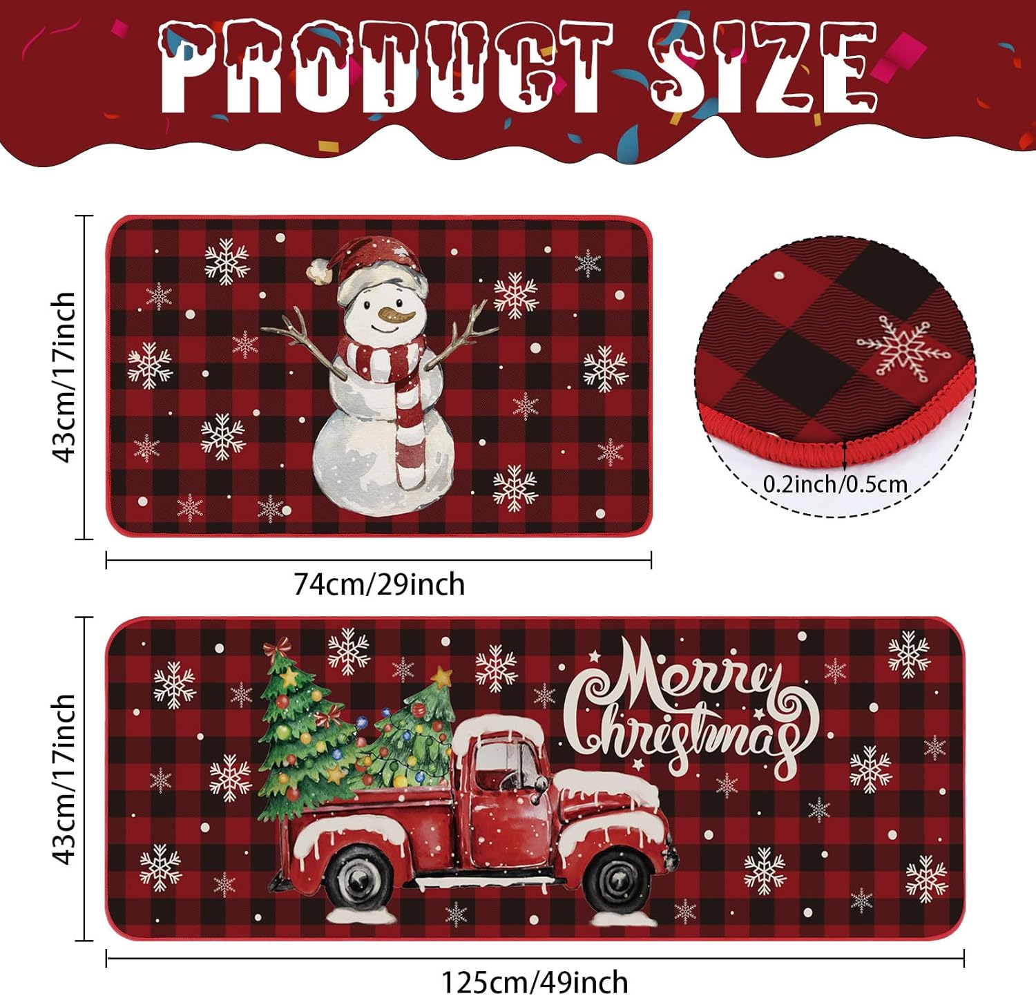 Shellwei Juego de 2 alfombras de cocina de Navidad a cuadros de búfalo, muñeco de nieve, copo de nieve, rojo, alfombra de cocina, tapete de cocina de Navidad antideslizante para el hogar, Navidad,