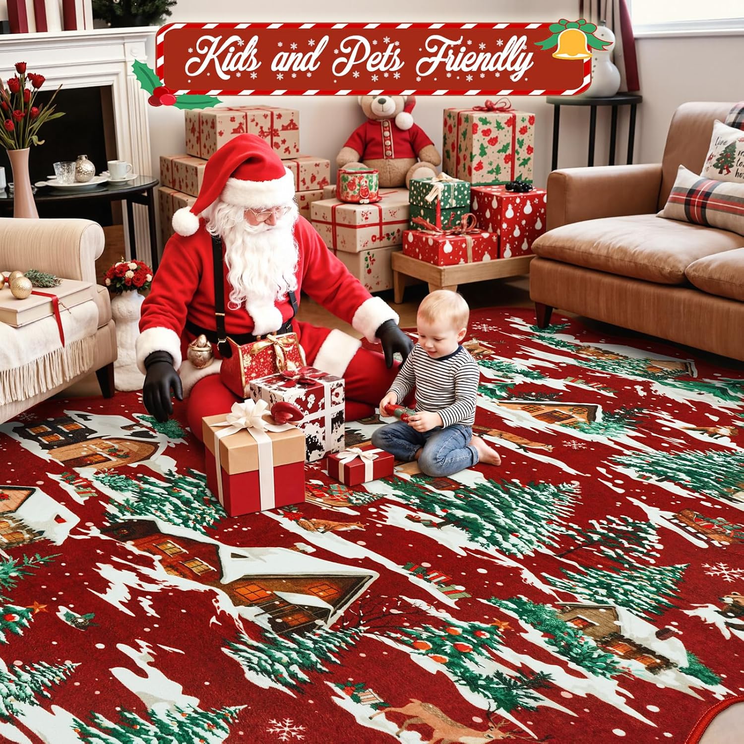 LIVEBOX Alfombra de Navidad lavable de 5 x 7 pies, alfombra roja para sala de estar, alfombras de árbol de Navidad para dormitorio, alfombra festoneada antideslizante bohemia para comedor, alfombra de