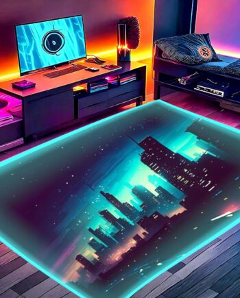 Alfombra de área de juegos RGB con bordes de luz LED (3 x 5 horizonte) – Alfombra de dormitorio para decoración de juegos – Alfombra antideslizante para silla de jugadores – Decoración de