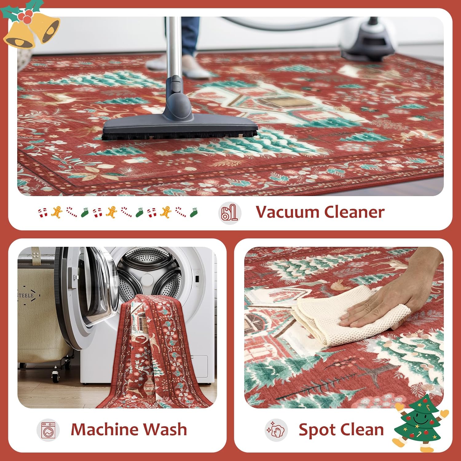 LIVEBOX Alfombra de área de Navidad de 8 x 10 pies, suave, lavable para sala de estar, alfombra roja bohemia de área grande para dormitorio con parte trasera antideslizante, alfombra de interior